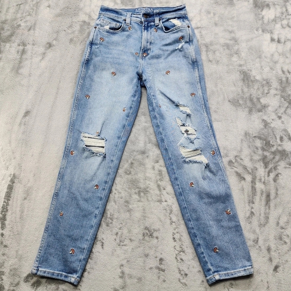Arizona Jean Company Light Blue Denim Mom Jeans with Embroidered Mushrooms 11